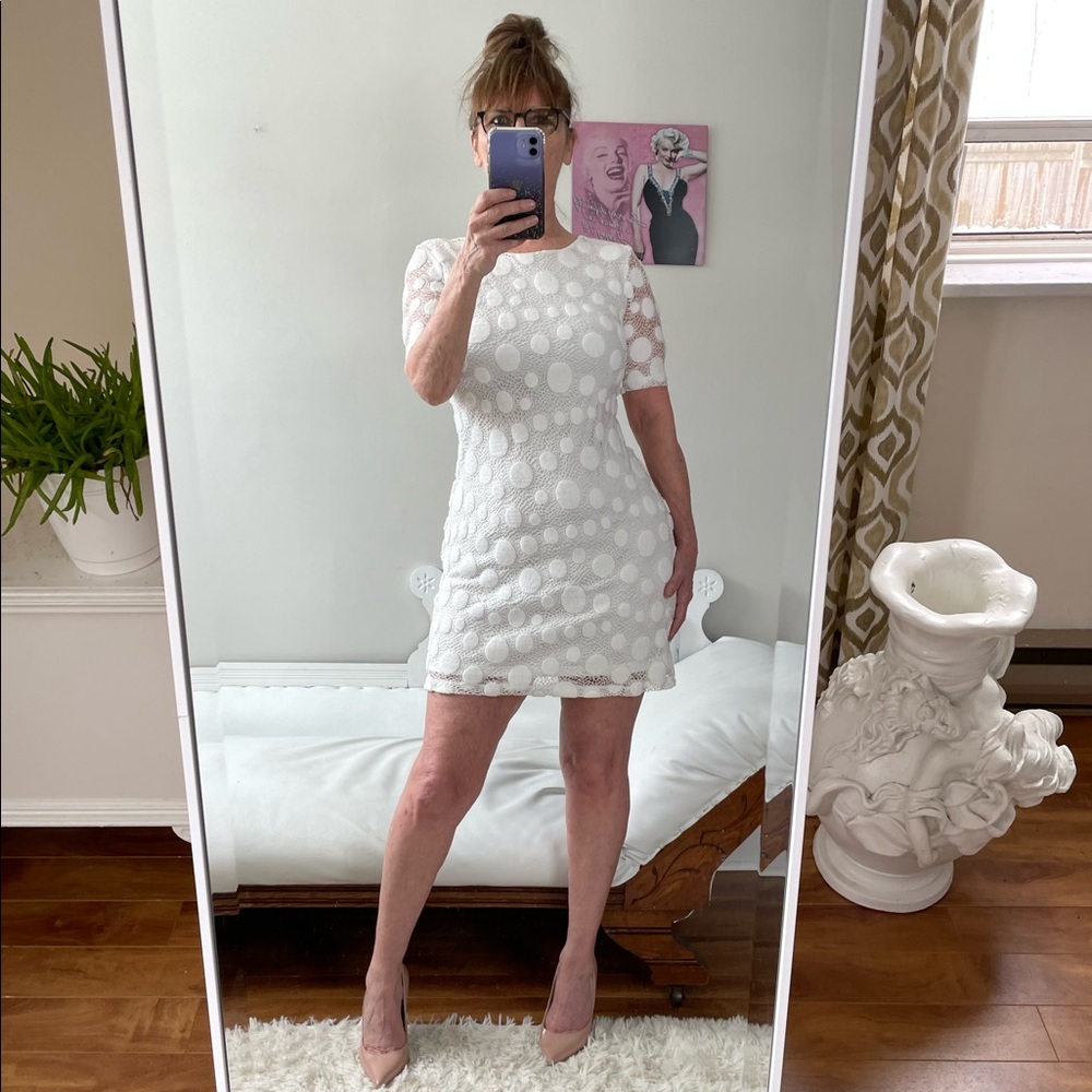 ALFANI CREAM IVORY SHORT SLEEVE SHIRT DRESS EXPOSED ZIPPER TEXTURED DOTS